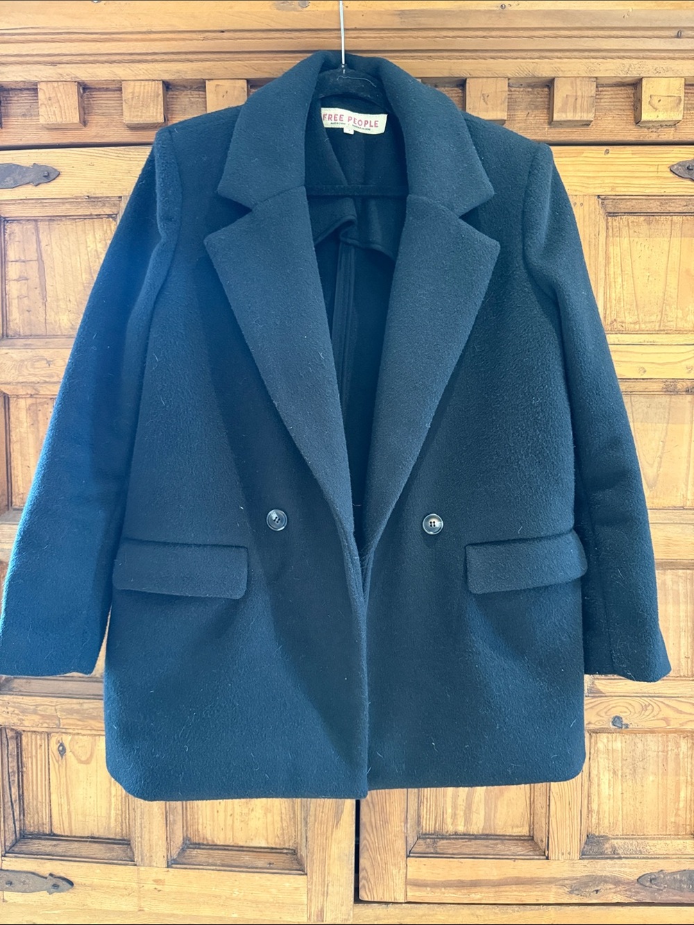 Free People Black Double-Breasted Wool-Blend Pea Coat